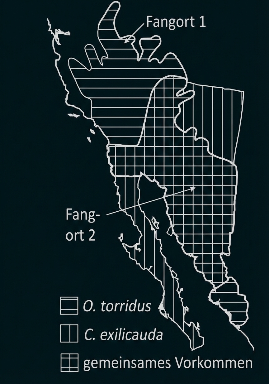 Karte mit Verbreitungsgebieten von O. torridus und C. exilicauda, überlappende Zone und zwei Fangorte markiert.